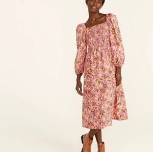 J Crew smocked puff sleeve midi faded floral dress pink brown Boho, S